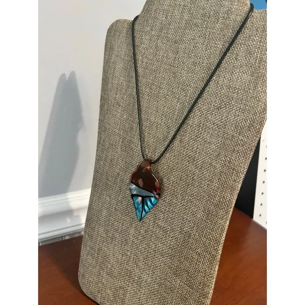 Art Glass Teardrop Pendant Necklace Blue Amber Swirl Black Cord Unisex